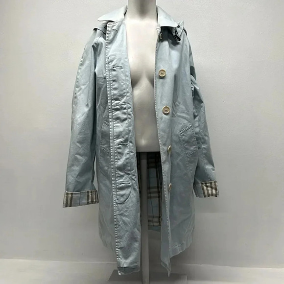 Burberry Trench Coat Jacket Button Down Nova Check Plaid Light Blue Size 8 R - Picture 5 of 16